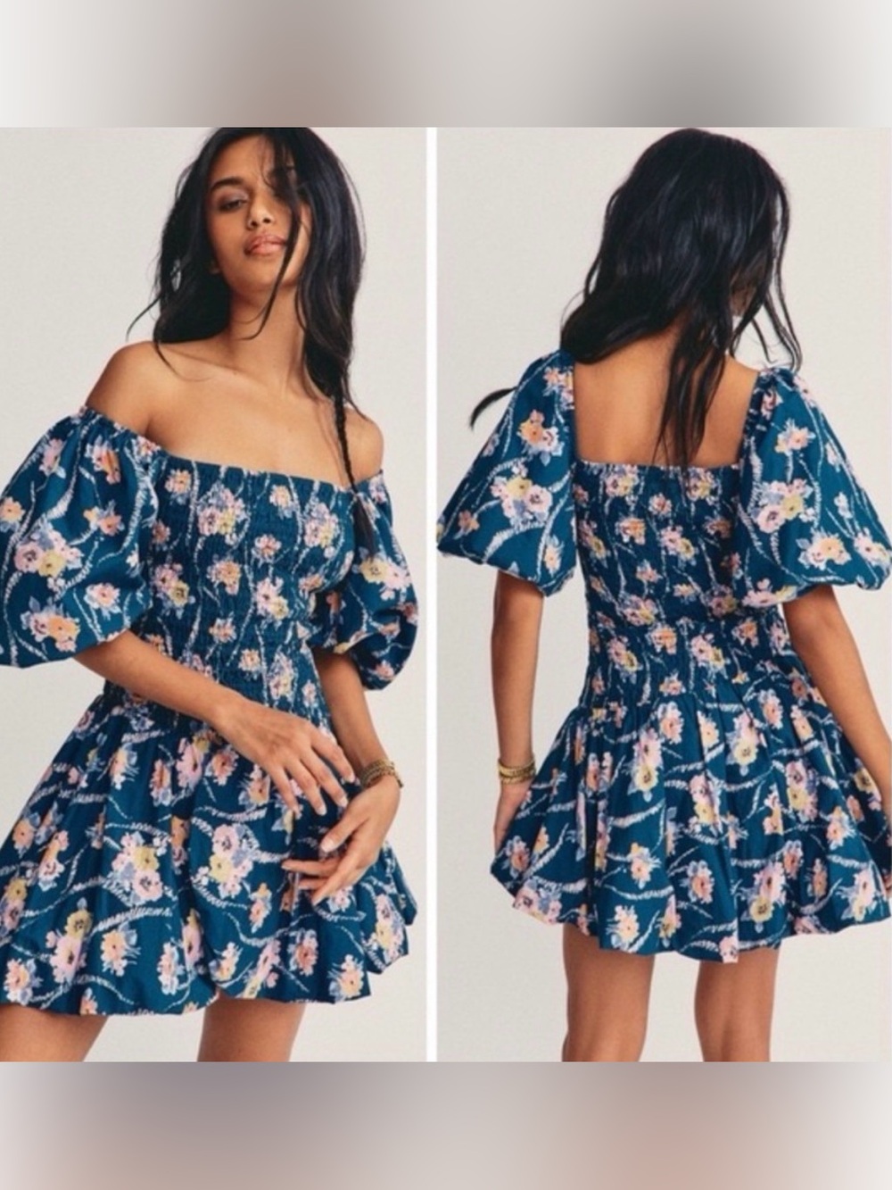 LoveShackFancy Black Asa smocked puff sleeve minidress midnight blue floral xs